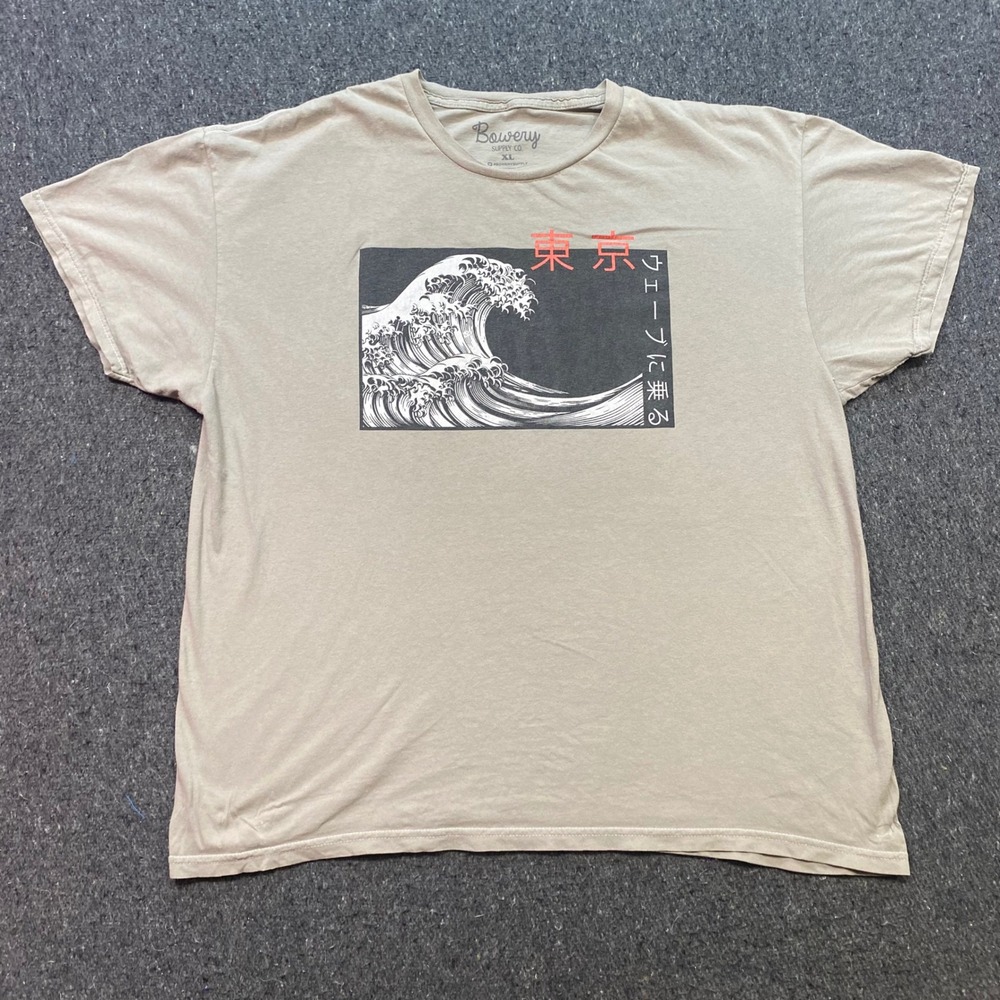 Bowery Supply Co Great Wave Tokyo TShirt Sz XL Mens Tan Japanese Graphic Tee